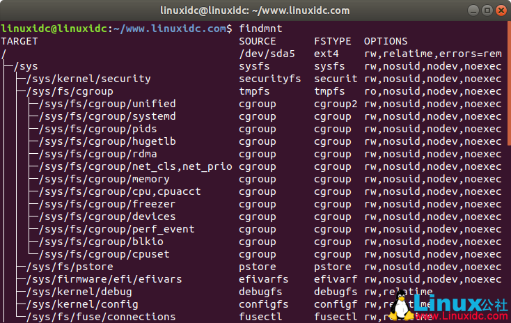 findmnt  - 显示Linux中当前挂载的文件系统