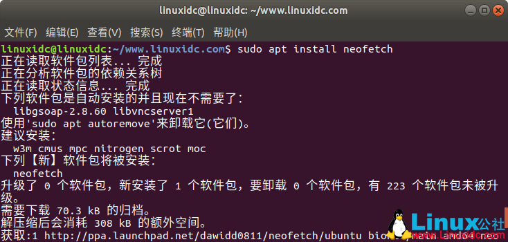 使用Neofetch在终端中显示Linux Ubuntu系统信息